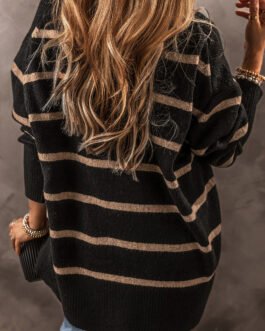 Black Stripe Buttoned V Neck Drop Shoulder Loose Cardigan