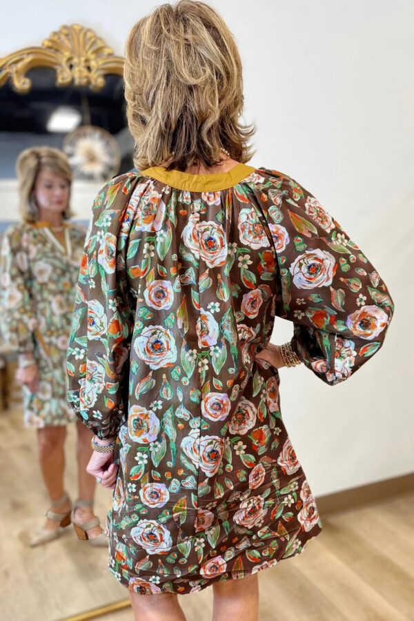 Brown Floral Print Contrast Trim V Neck Pocketed Long Sleeve Mini Dress