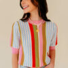 Multicolour Striped Pointelle Knit Short Sleeve Sweater