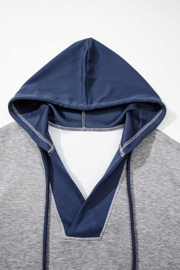 Light Grey Color Block Patchwork V Neck Drawstring Hoodie