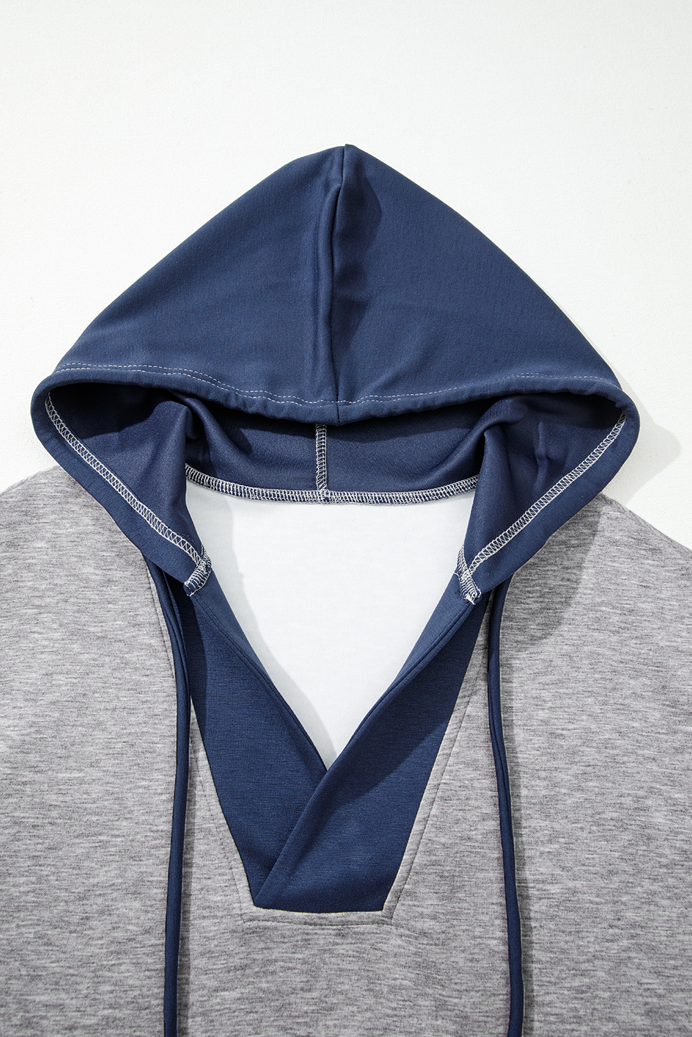 Light Grey Color Block Patchwork V Neck Drawstring Hoodie - Image 4