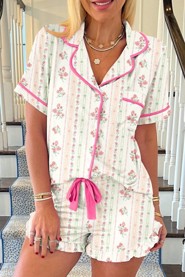 Beige Bow Fruit Print Contrast Pipping Short Pajamas Set