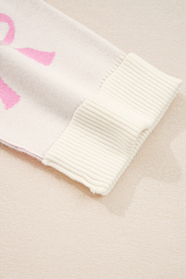 Pink Bow Print Ribbed Trim Exposed Seam Drop Shoulder Loose Sweater
