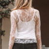White Sheer Lace Mesh Mock Neck Slim Fit Long Sleeve Top