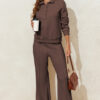 Dark Brown Solid Collared Sweatshirt and High Waist Pants Active Set