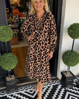 Brown Leopard Print Smocked Detail Flowy Midi Dress