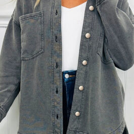 Medium Grey Mineral Wash Chest Pockets Drop Shoulder Shacket with Side Slit