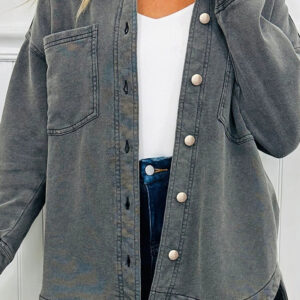 Medium Grey Mineral Wash Chest Pockets Drop Shoulder Shacket with Side Slit