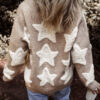 Green Sherpa Star Pattern Textured Sweater Cardigan with Pockets