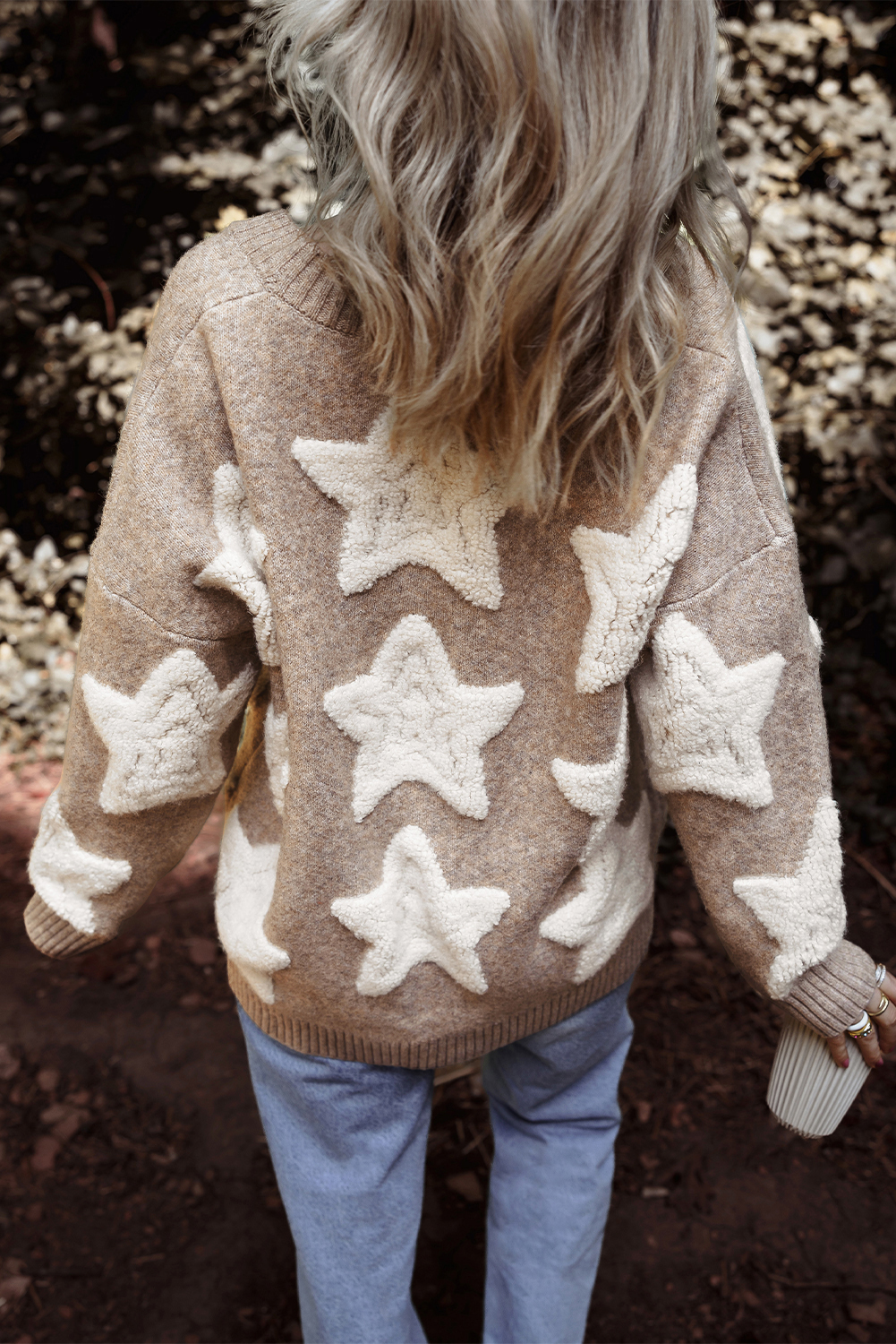 Green Sherpa Star Pattern Textured Sweater Cardigan with Pockets - Image 5