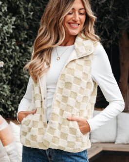 Khaki Sherpa Checkerboard Snap Button Vest Jacket With Pocket