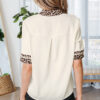 Jet Stream Leopard Patchwork Trim Split Neck Short Sleeve Blouse