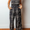 Black Spaghetti Straps Elastic Waist Loose Ethnic Print Jumpsuit