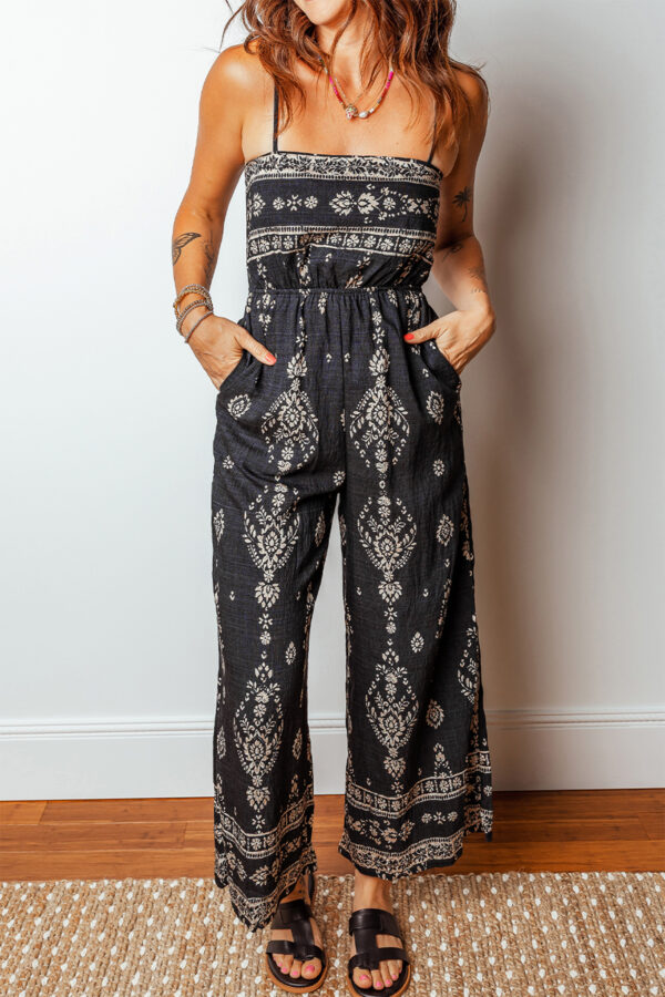 Black Spaghetti Straps Elastic Waist Loose Ethnic Print Jumpsuit