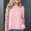 Light Pink Solid Color Bow Textured Patchwork Long Sleeve Tee