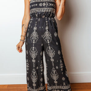 Black Spaghetti Straps Elastic Waist Loose Ethnic Print Jumpsuit