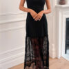 Black Solid Color Sleeveless Sheer Floral Lace Patchwork Long Dress