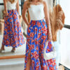 Blue Bohemian Floral Print Tiered Maxi Skirt with Split