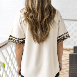 Jet Stream Leopard Patchwork Trim Split Neck Short Sleeve Blouse