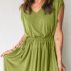Fern Green Solid V Neck Cap Sleeve Tunic Elastic Waist Versatile Maxi Dress