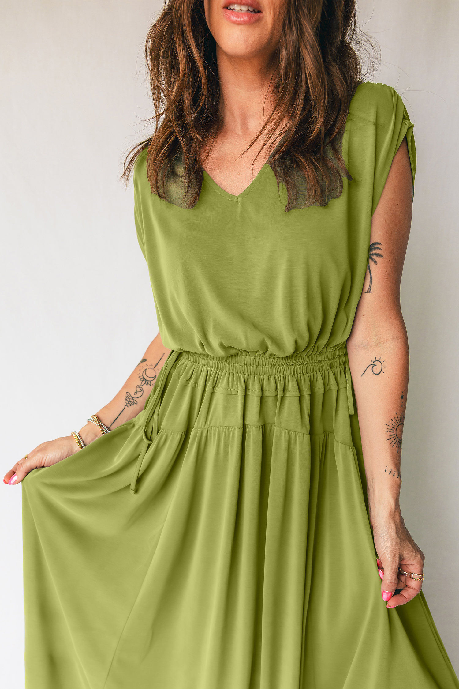 Fern Green Solid V Neck Cap Sleeve Tunic Elastic Waist Versatile Maxi Dress - Image 4