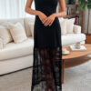 Black Solid Color Sleeveless Sheer Floral Lace Patchwork Long Dress