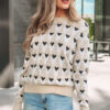 Parchment Geometric Heart Print Ribbed Trim Loose Sweater