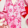Pink Sweet Heart Cake Print Contrast Ruffle Trim Valentines 2pcs Pajama Set