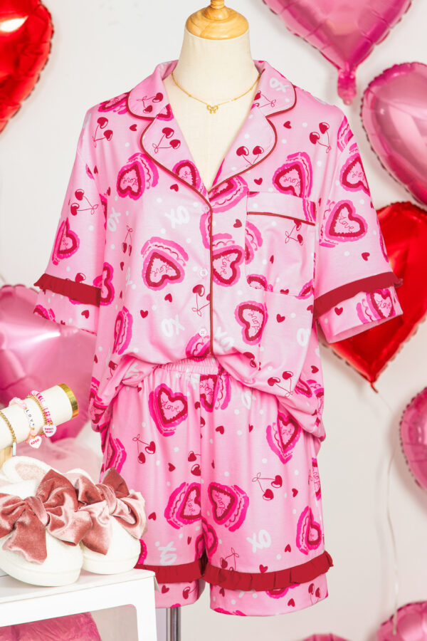 Pink Sweet Heart Cake Print Contrast Ruffle Trim Valentines 2pcs Pajama Set