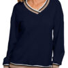 Navy Blue Varsity Contrast Striped Trim V Neck Sweatshirt