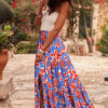 Blue Bohemian Floral Print Tiered Maxi Skirt with Split