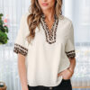 Jet Stream Leopard Patchwork Trim Split Neck Short Sleeve Blouse