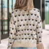 Parchment Geometric Heart Print Ribbed Trim Loose Sweater
