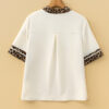 Jet Stream Leopard Patchwork Trim Split Neck Short Sleeve Blouse