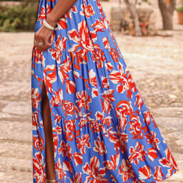 Blue Bohemian Floral Print Tiered Maxi Skirt with Split