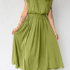 Fern Green Solid V Neck Cap Sleeve Tunic Elastic Waist Versatile Maxi Dress