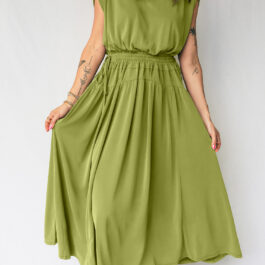 Fern Green Solid V Neck Cap Sleeve Tunic Elastic Waist Versatile Maxi Dress