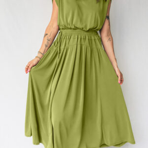 Fern Green Solid V Neck Cap Sleeve Tunic Elastic Waist Versatile Maxi Dress