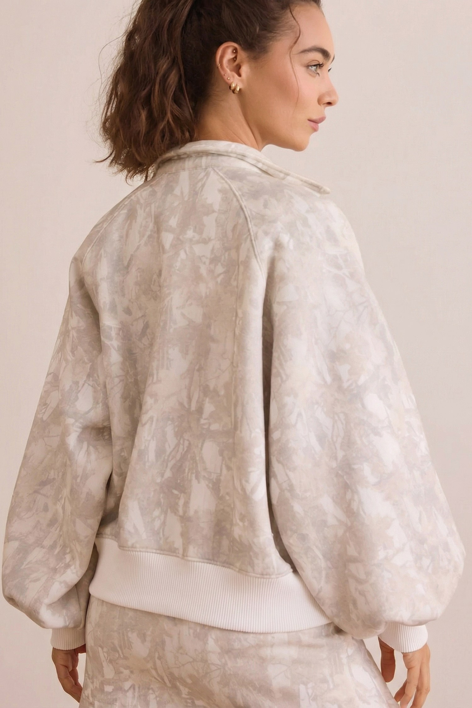 White Abstract Woodland Print Balloon Sleeve Pullover Drawstring Mini Skort Set - Image 2