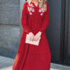 Racing Red Contrast Embroidered Detail Cinched Waist Tiered Long Sleeve Maxi Dress
