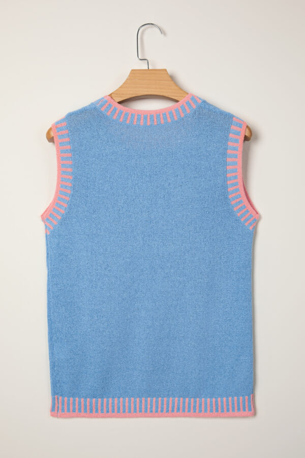 Sky Blue Contrast Trim Round Neck Sleeveless Sweater