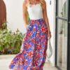 Blue Bohemian Floral Print Tiered Maxi Skirt with Split