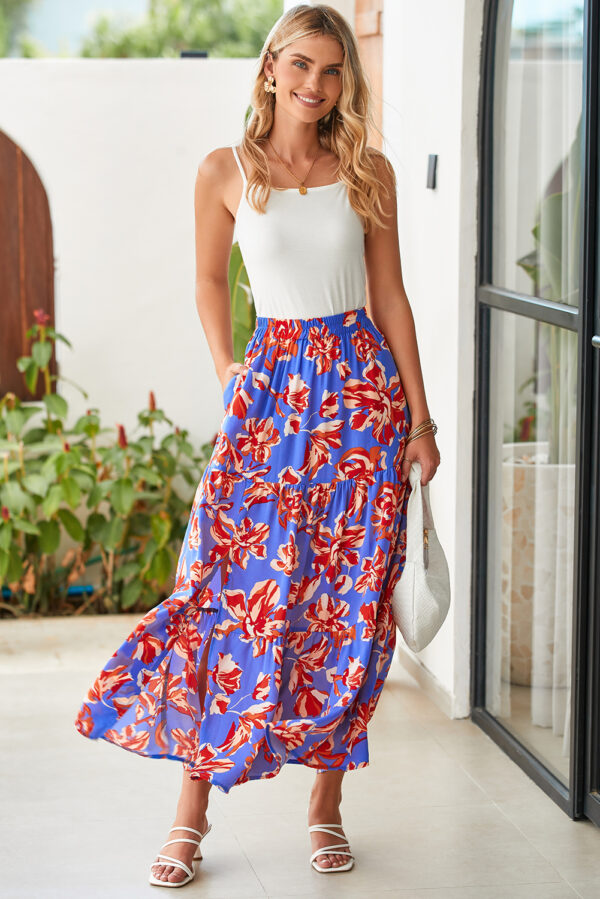 Blue Bohemian Floral Print Tiered Maxi Skirt with Split