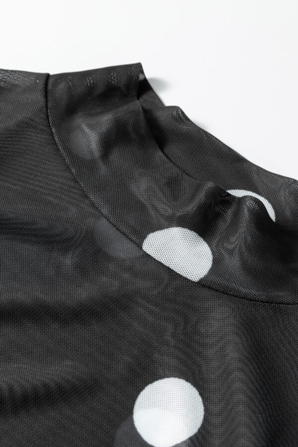 Black Vintage Polka Dot Print Mesh Long Sleeve Bodysuit