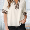 Jet Stream Leopard Patchwork Trim Split Neck Short Sleeve Blouse