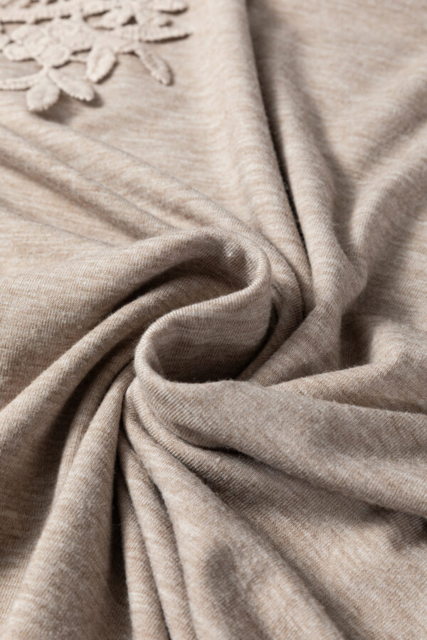 Smoke Gray Solid Color Lace Patched Detail Round Neck Tee