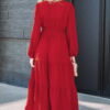 Racing Red Contrast Embroidered Detail Cinched Waist Tiered Long Sleeve Maxi Dress