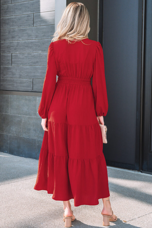 Racing Red Contrast Embroidered Detail Cinched Waist Tiered Long Sleeve Maxi Dress