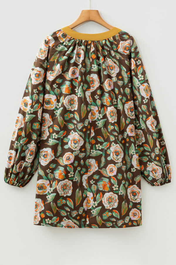 Brown Floral Print Contrast Trim V Neck Pocketed Long Sleeve Mini Dress
