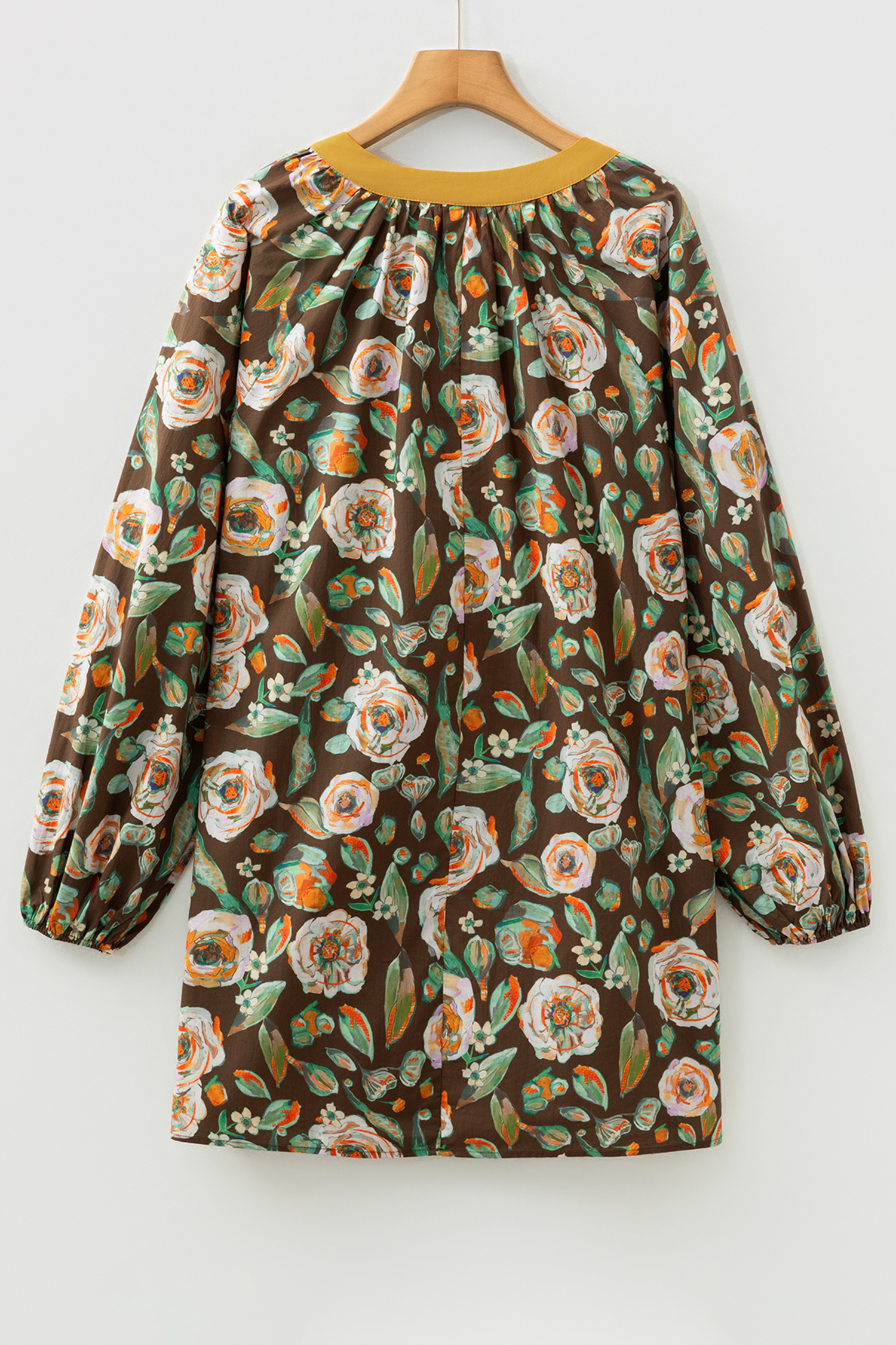 Brown Floral Print Contrast Trim V Neck Pocketed Long Sleeve Mini Dress - Image 6